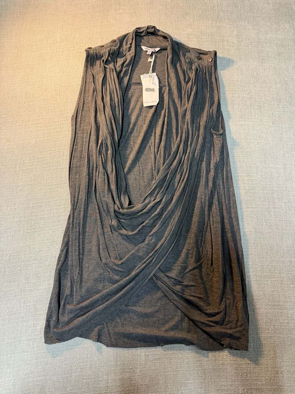 Naked Zebra Sleeveless Grey Draped Tunic Vest with Button Detail